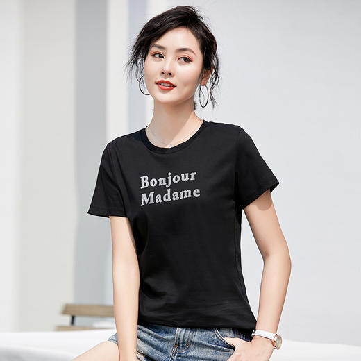 清爽百搭时尚修身,80支植绒丝光棉字母纯棉夏季短袖女T恤 ZS8901 商品图1