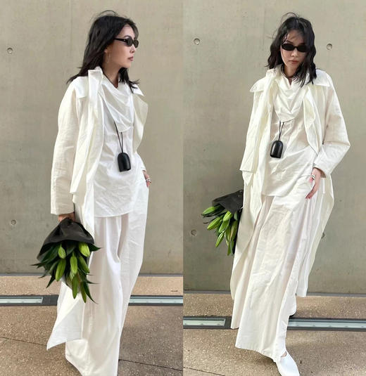 HIDEMI简约几何大翻领设计感亚麻拼接腰带式大风衣 商品图1