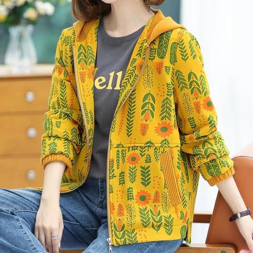 JS22A花色外套女春秋新款大码宽松休闲针织拼接连帽中老年洋气卫衣 商品图8