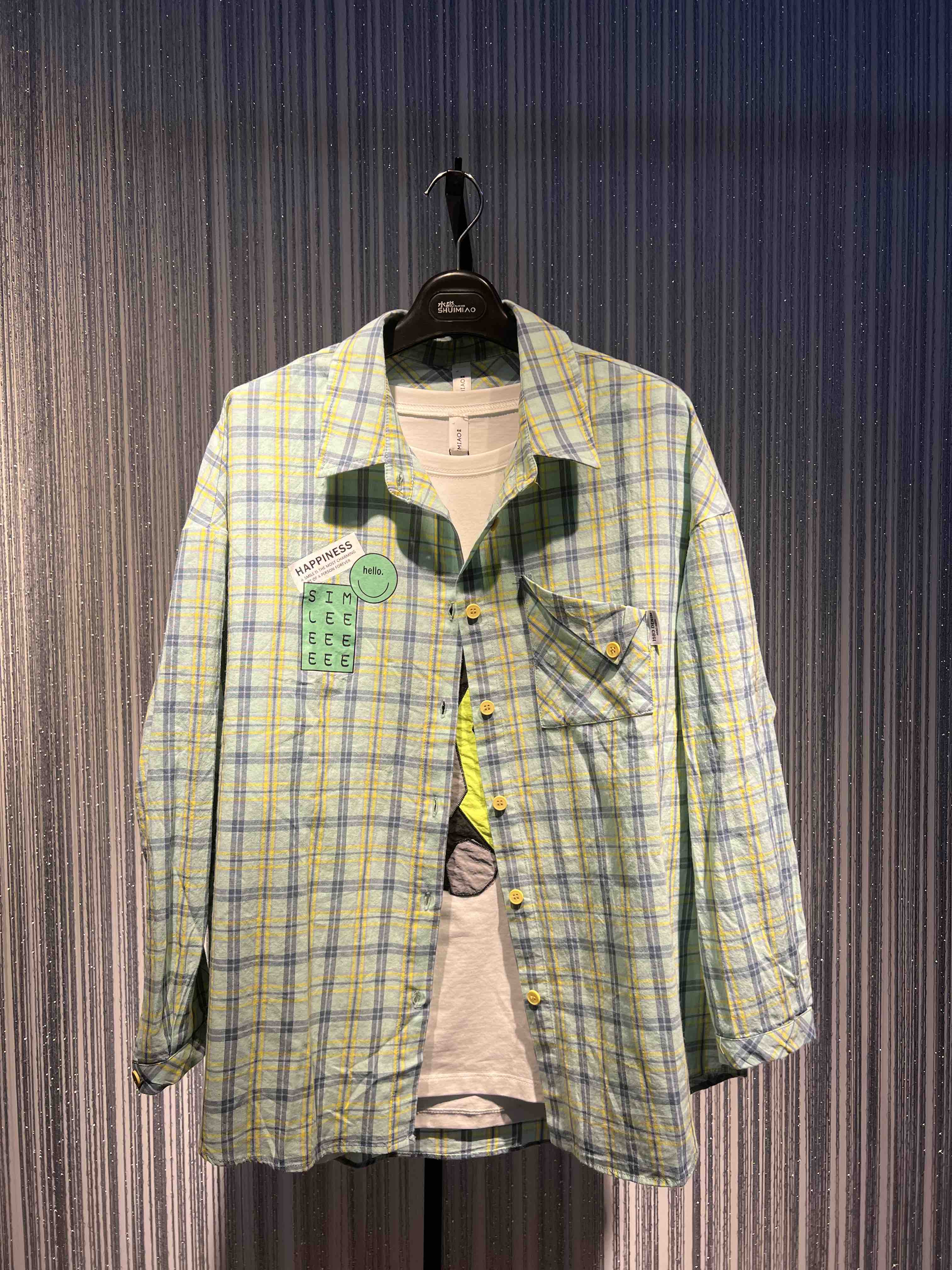 水淼2022春新品绿格休闲宽松时尚衬衫4591