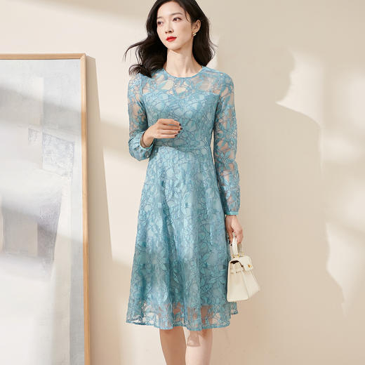 剩S/L/XL 米思阳2026春季新款温柔淑女大摆连衣裙勾花镂空优雅蕾丝裙0077 商品图2