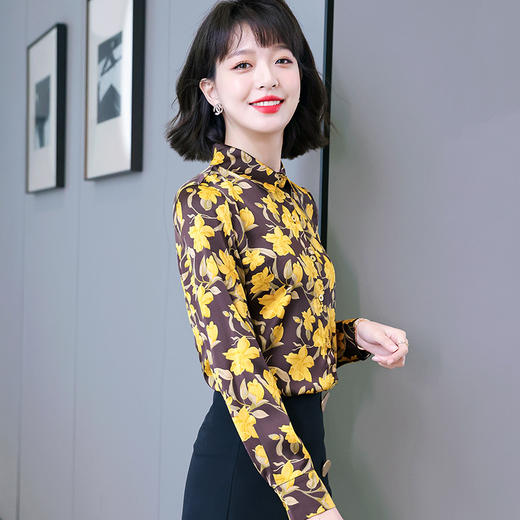 复古范时尚印花雪纺衫 2022春夏韩国缎面醋酸长袖单排扣衬衫女 NSM3169 商品图1