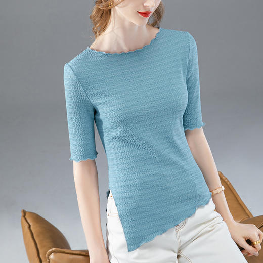 中袖t恤减龄木耳边洋气小衫，不规则开叉上衣SG-T2C0022 商品图0