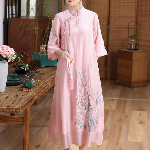 上海旗袍厂KDS-2248复古中式女装文艺民族风宽松绣花A字中长款连衣裙夏新款 商品图0