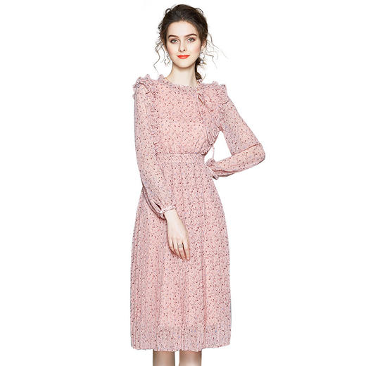 女装甜美清新田园收腰系带碎花减龄粉雪纺百褶连衣裙 BHS 商品图4