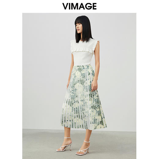 VIMAGE纬漫纪夏季新款印花百褶A字裙过膝半身裙女V1706320 商品图1