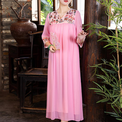 上海旗袍厂KDS-2235春夏新款复古刺绣宽松中长款连衣裙禅意茶艺表演服 商品图2