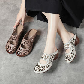 2022春夏新民族风粗高跟包头凉拖牛皮镂空透气复古真皮妈妈拖鞋女 MLD3003