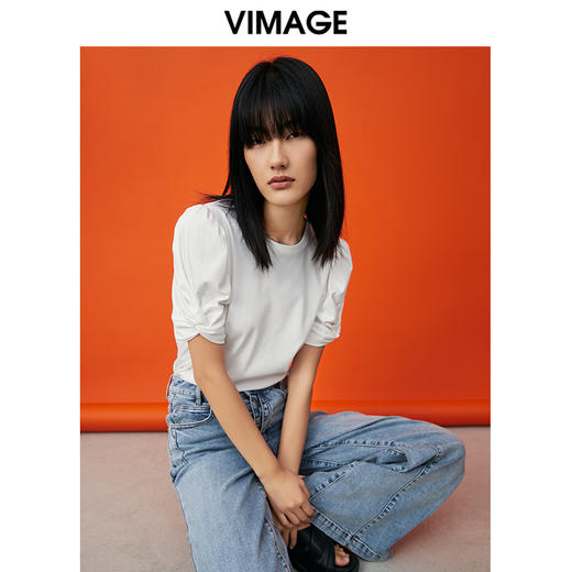 VIMAGE纬漫纪夏季新款泡泡袖修身短袖小上衣女T恤V1702305 商品图3