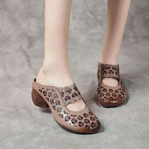 2022春夏新民族风粗高跟包头凉拖牛皮镂空透气复古真皮妈妈拖鞋女 MLD3003 商品图4