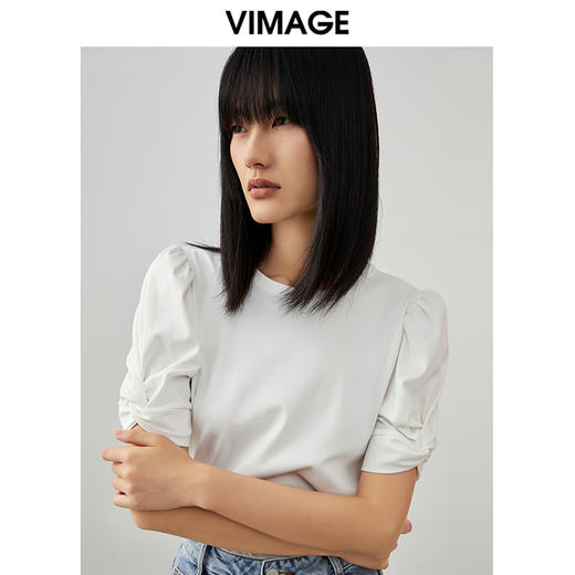 VIMAGE纬漫纪夏季新款泡泡袖修身短袖小上衣女T恤V1702305 商品图0