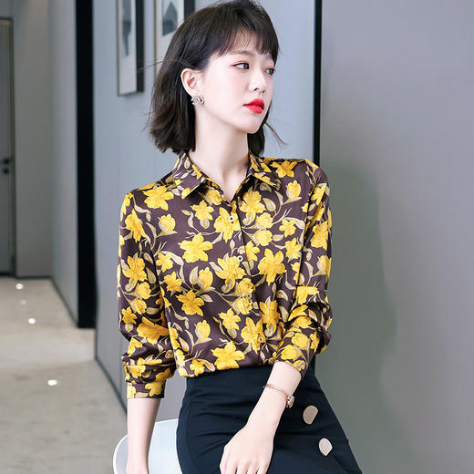 复古范时尚印花雪纺衫 2022春夏韩国缎面醋酸长袖单排扣衬衫女 NSM3169 商品图0