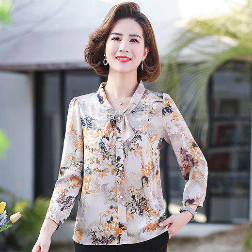 YCE-XH2094-2206 2022新款妈妈春夏洋气印花九分袖衬衫中老年女薄款遮肚子雪纺上衣 商品图0