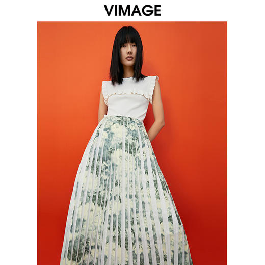 VIMAGE纬漫纪夏季新款印花百褶A字裙过膝半身裙女V1706320 商品图3