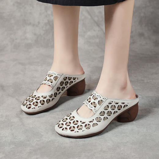 2022春夏新民族风粗高跟包头凉拖牛皮镂空透气复古真皮妈妈拖鞋女 MLD3003 商品图2