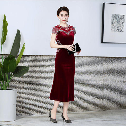 WXG8295新款高端优雅气质修身圆领短袖韩国绒礼服裙 商品图1