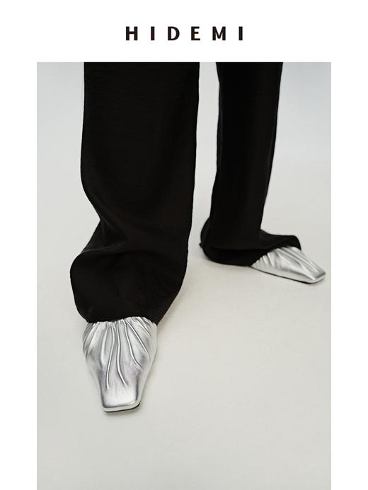 HIDEMI 褶皱小羊皮方尖头平底鞋 黑色/马卡龙蓝/酒红色/银色 商品图9