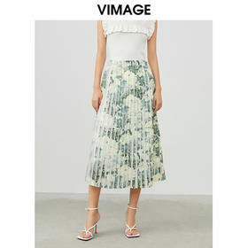 VIMAGE纬漫纪夏季新款印花百褶A字裙过膝半身裙女V1706320