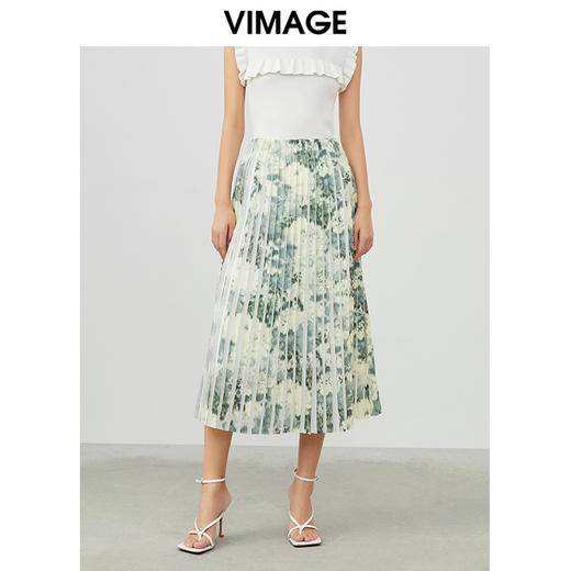 VIMAGE纬漫纪夏季新款印花百褶A字裙过膝半身裙女V1706320 商品图0