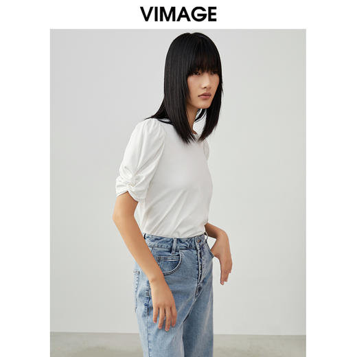 VIMAGE纬漫纪夏季新款泡泡袖修身短袖小上衣女T恤V1702305 商品图2