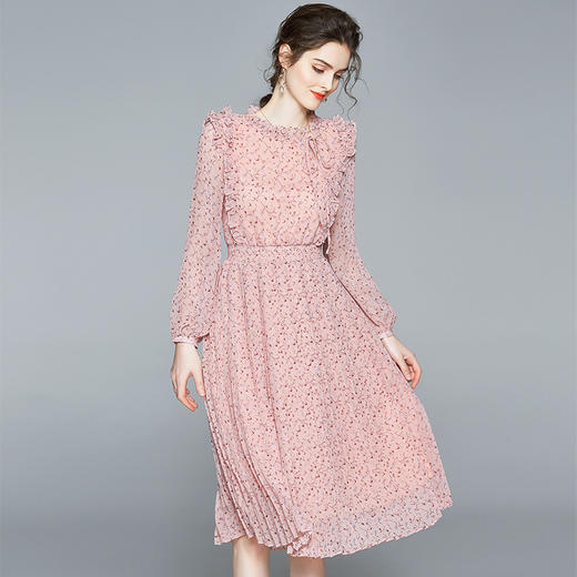 女装甜美清新田园收腰系带碎花减龄粉雪纺百褶连衣裙 BHS 商品图2