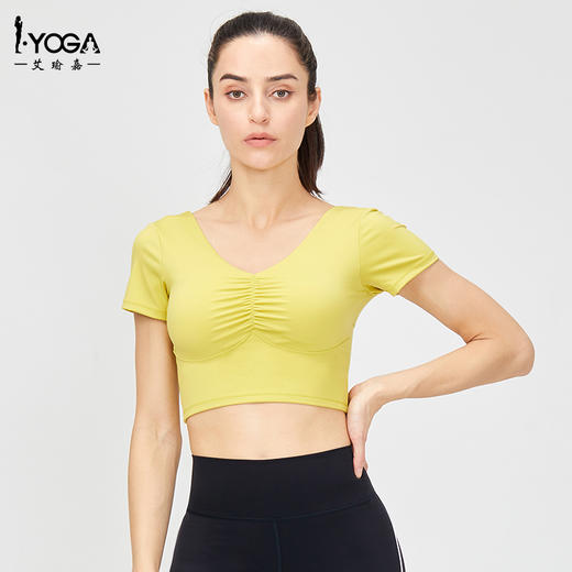 IYOGA 艾瑜嘉新品T恤露脐聚拢瑜伽服美背透气紧身带胸垫V领短袖莱卡T049 商品图2