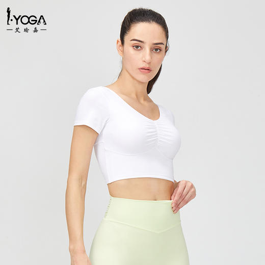 IYOGA 艾瑜嘉新品T恤露脐聚拢瑜伽服美背透气紧身带胸垫V领短袖莱卡T049 商品图3