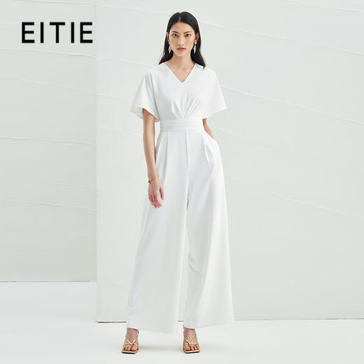 EITIE爱特爱夏季新款通勤显瘦大气阔腿裤V领收腰白色连体裤女B2207958 商品图0