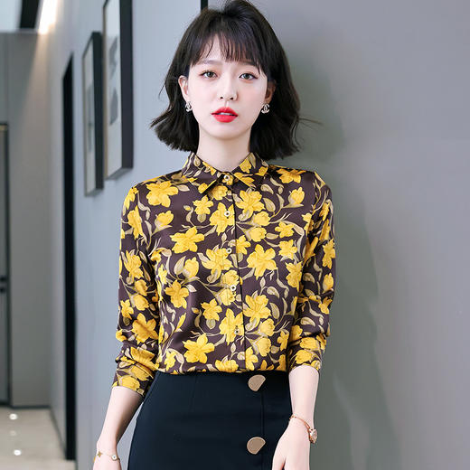 复古范时尚印花雪纺衫 2022春夏韩国缎面醋酸长袖单排扣衬衫女 NSM3169 商品图4