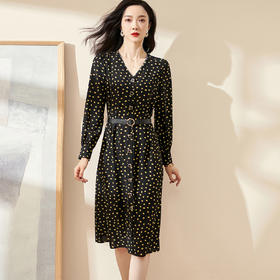 剩M 米思阳2024秋季新款时尚气质印花长袖连衣裙单排扣V领中长裙0493