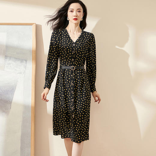 剩M 米思阳2024秋季新款时尚气质印花长袖连衣裙单排扣V领中长裙0493 商品图0