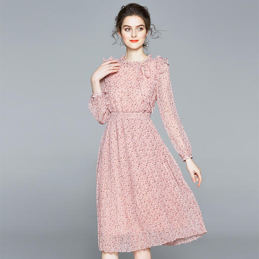 女装甜美清新田园收腰系带碎花减龄粉雪纺百褶连衣裙 BHS 商品图1