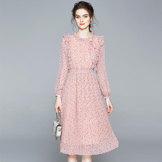 女装甜美清新田园收腰系带碎花减龄粉雪纺百褶连衣裙 BHS 商品图0