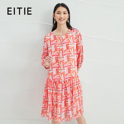EITIE爱特爱夏季新款时尚减龄五分袖修身印花连衣裙女短款连衣裙6607307 商品图0