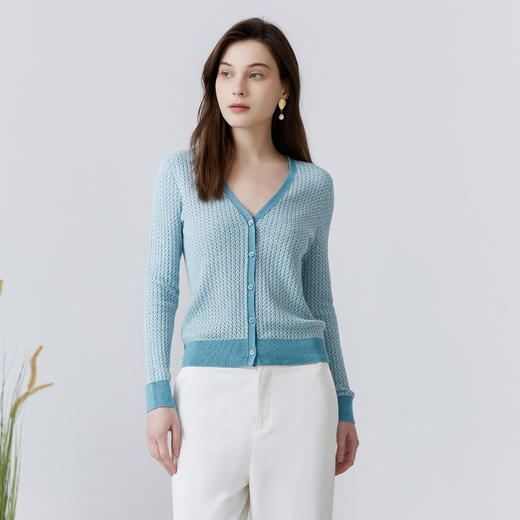 METTE22年春夏新品女士针织开衫v领长袖修身薄款棉麻毛衣小外套 商品图1