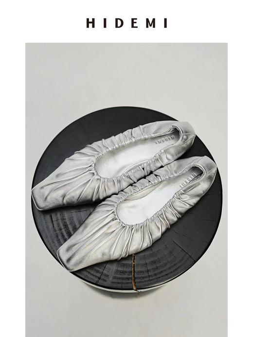 HIDEMI 褶皱小羊皮方尖头平底鞋 黑色/马卡龙蓝/酒红色/银色 商品图6