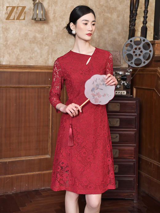 佐尔美2022春季新款中国风蕾丝气质收腰7分袖中长款连衣裙E21LL12 商品图3