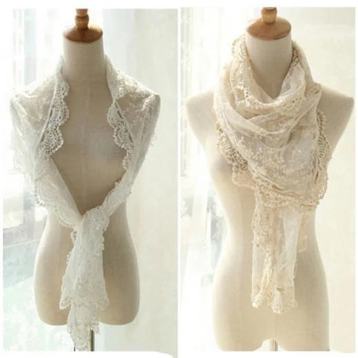 VEAO0059 春秋冬刺绣日系森蕾丝网布全棉绣花碎花围巾 商品图0