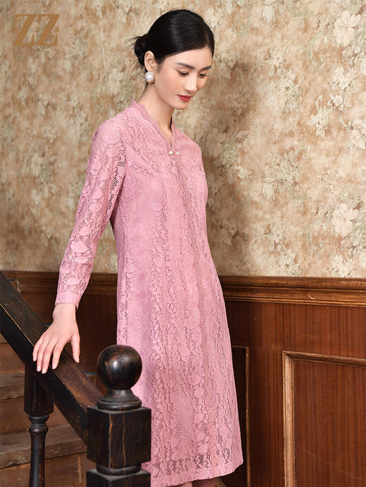 佐尔美2022春季新款中国风蕾丝气质收腰9分袖中长款连衣裙E21LL07 商品图3