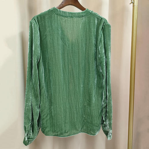丁摩 春秋洋气真丝丝绒上衣女衬衫宽松长袖V领打底衫Q121207-DS399 商品图3