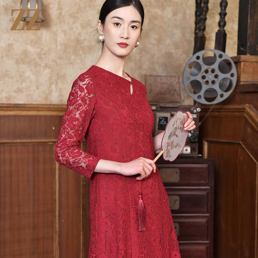 佐尔美2022春季新款中国风蕾丝气质收腰7分袖中长款连衣裙E21LL12 商品图0