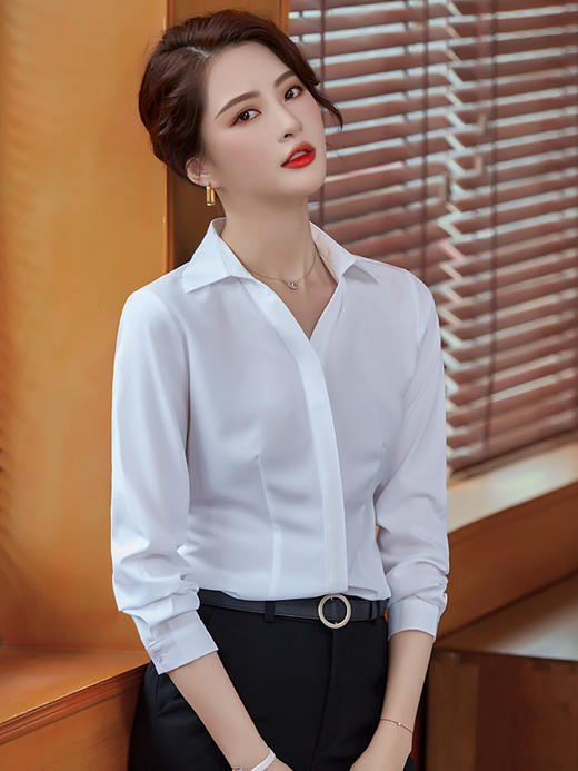 高级感白衬衫女面试免烫上衣修身正式职业装衬衣长袖内搭V领显瘦 商品图2