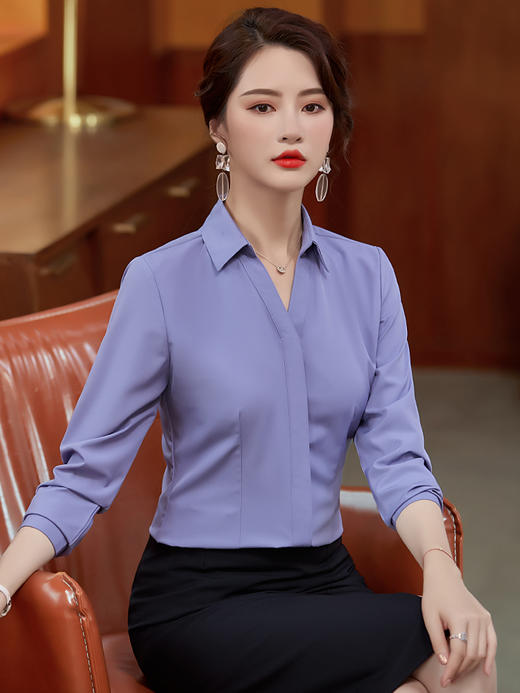 高级感白衬衫女面试免烫上衣修身正式职业装衬衣长袖内搭V领显瘦 商品图3