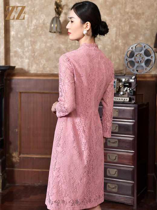 佐尔美2022春季新款中国风蕾丝气质收腰9分袖中长款连衣裙E21LL07 商品图4