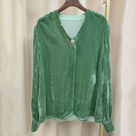 丁摩 春秋洋气真丝丝绒上衣女衬衫宽松长袖V领打底衫Q121207-DS399