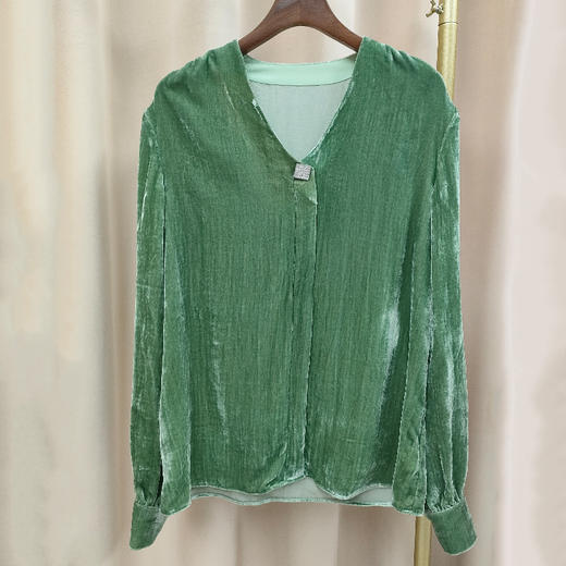 丁摩 春秋洋气真丝丝绒上衣女衬衫宽松长袖V领打底衫Q121207-DS399 商品图0