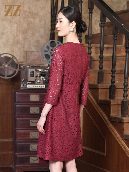 佐尔美2022春季新款中国风蕾丝气质收腰7分袖中长款连衣裙E21LL14 商品图4