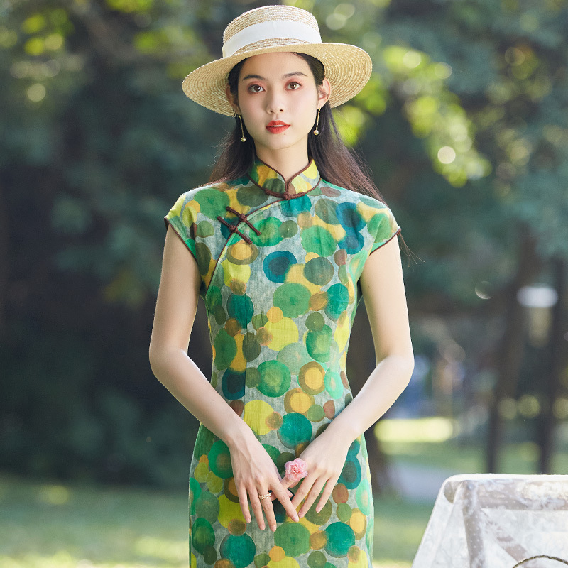优雅气质，新式长款包袖修身印花苎麻旗袍裙OY-220070