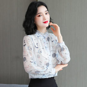 韩版百搭，长袖立领时尚碎花雪纺上衣KQL-1890