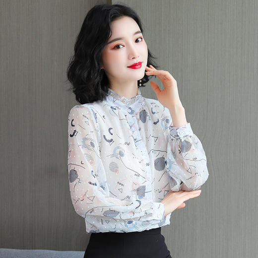 韩版百搭，长袖立领时尚碎花雪纺上衣KQL-1890 商品图0